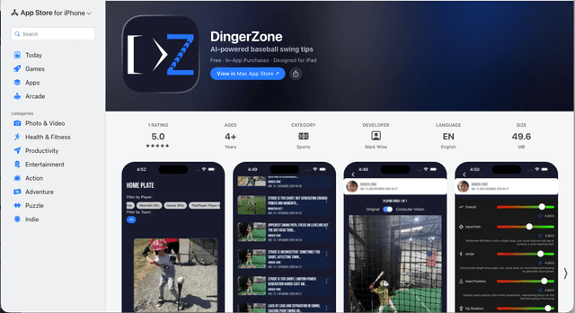 DingerZone app listing in the Apple App Store