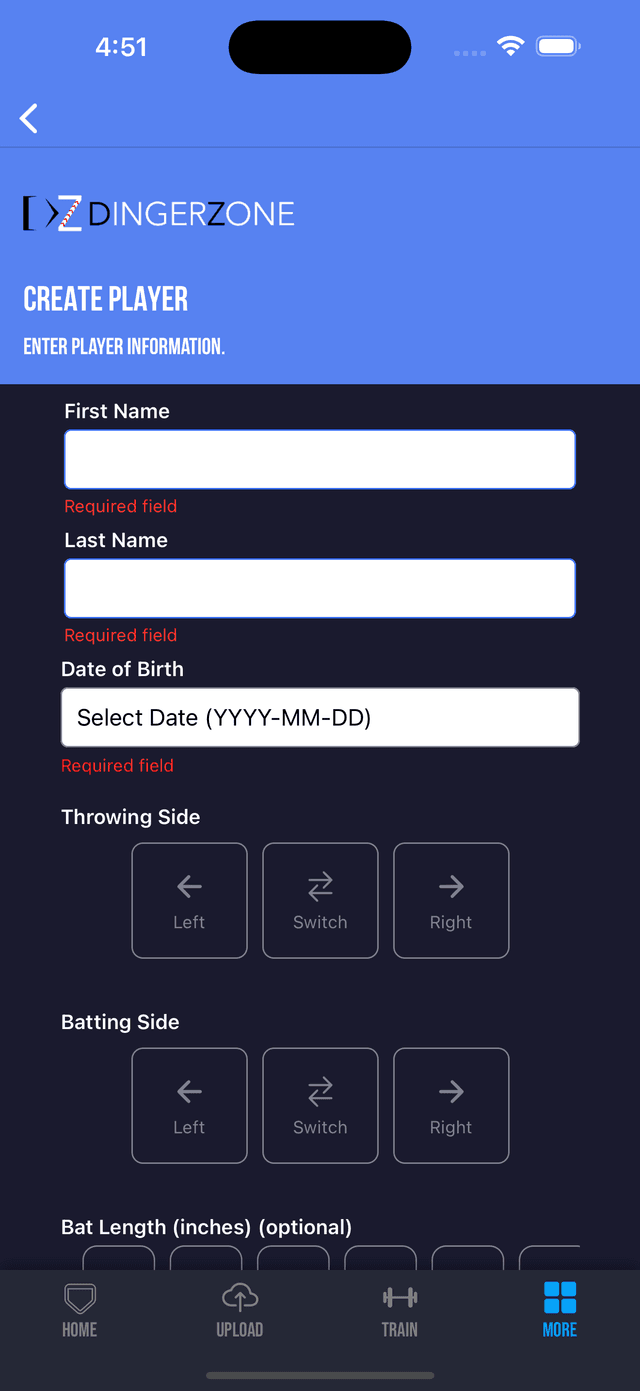 Create player screen in DingerZone