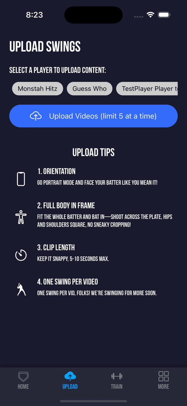 Upload swings screen